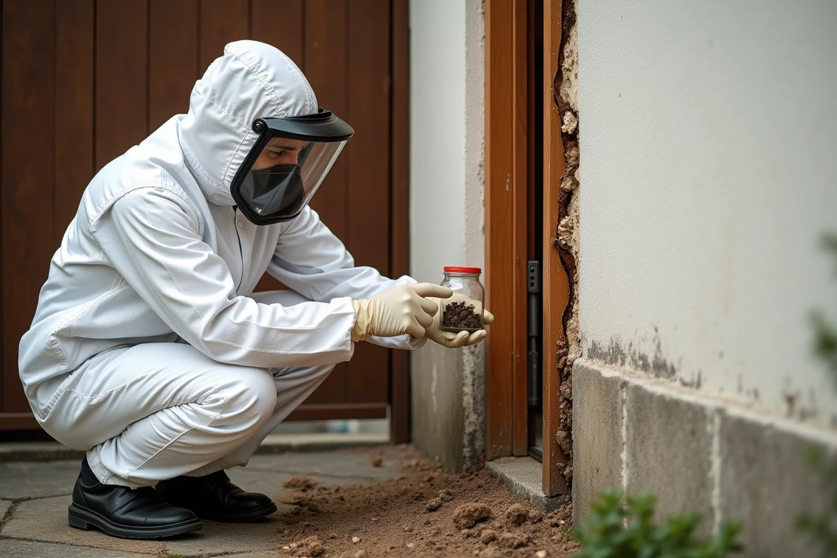 Professionnel en traitement antiparasitaire inspectant un cadre de porte en bois endommagé par des termites avec tubes de boue visibles sur la fondation