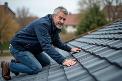 Homme inspectant des tuiles de toiture neuves sur un toit résidentiel