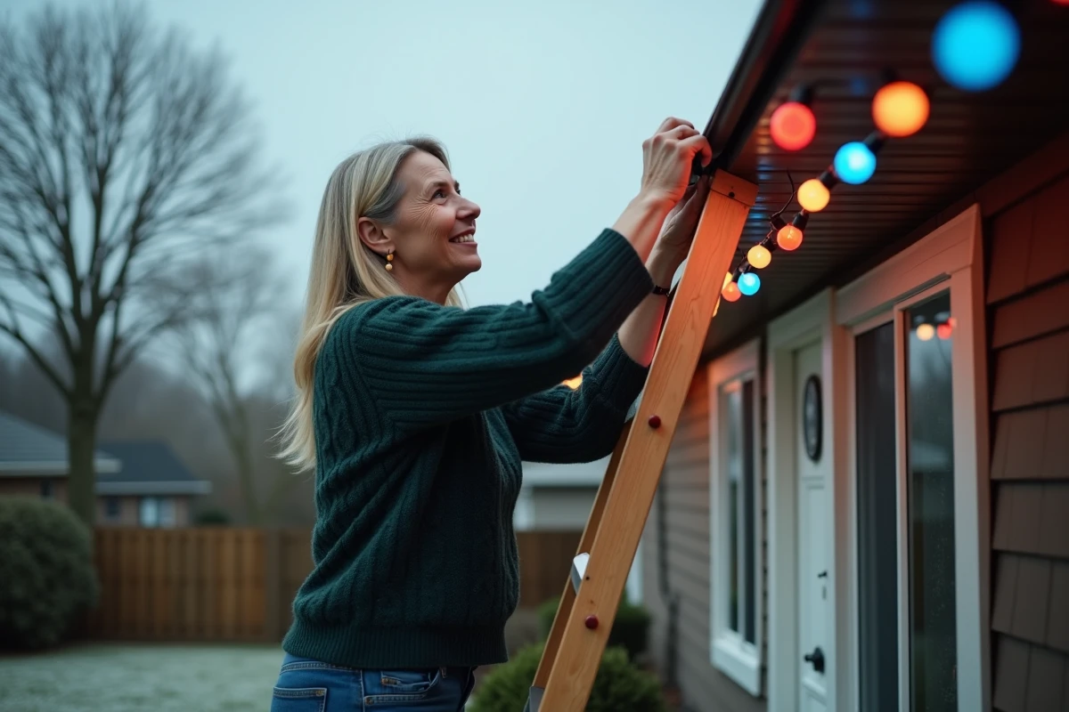 Femme installant des guirlandes LED multicolores sur la façade d'une maison décorée pour Noël en extérieur