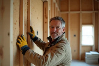 Artisan installant des panneaux d'isolation thermique en fibre de bois dans une maison en rénovation