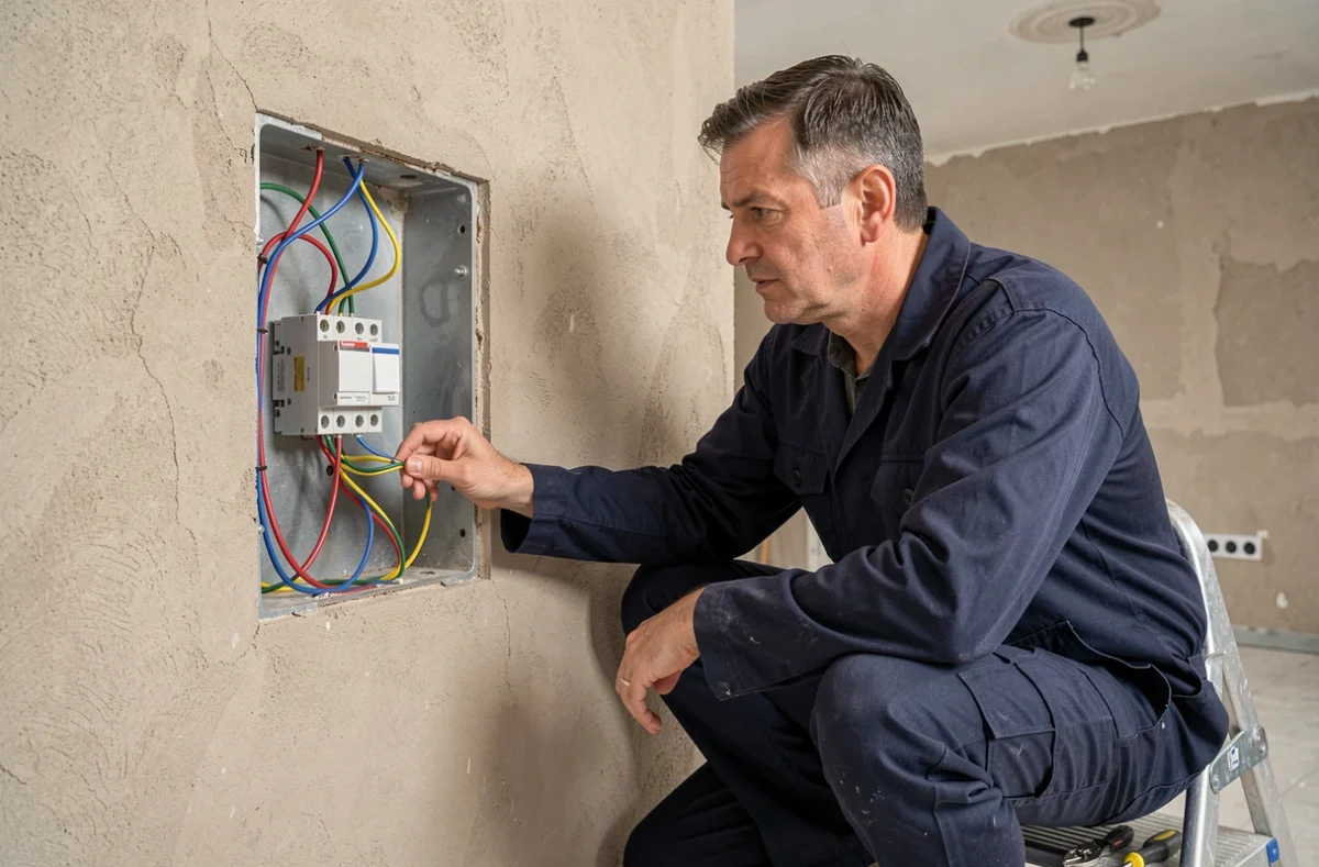 Électricien installant un mécanisme de double va-et-vient Legrand dans une boîte d'encastrement avec câblage apparent
