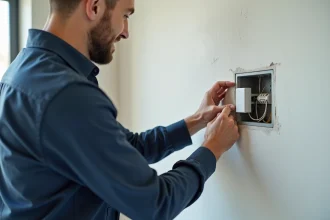 Électricien installant un module Yokis sans fil dans un boîtier encastré lors d'une rénovation d'appartement