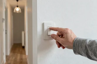 Interrupteur double va-et-vient Legrand blanc installé sur un mur dans un couloir moderne, main appuyant sur le bouton