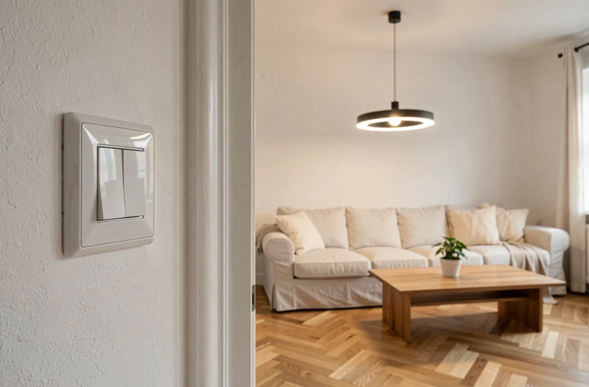 Salon moderne avec interrupteur double va-et-vient Legrand visible près d'une porte, luminaire LED au plafond allumé en arrière-plan