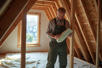 Ouvrier isolant entre poutres en rénovation de combles