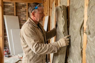 Artisan spécialiste en isolation thermique posant de la laine de verre dans une maison en rénovation en Nouvelle-Aquitaine