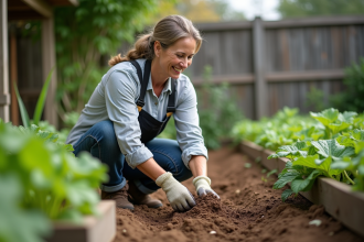 Femme jardinant avec compost dans un jardin ensoleille