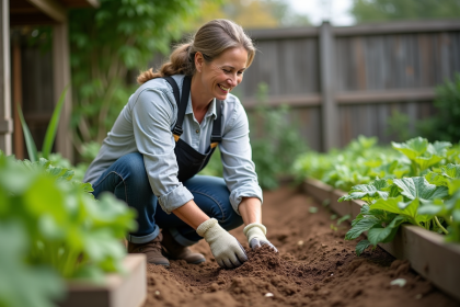 Femme jardinant avec compost dans un jardin ensoleille