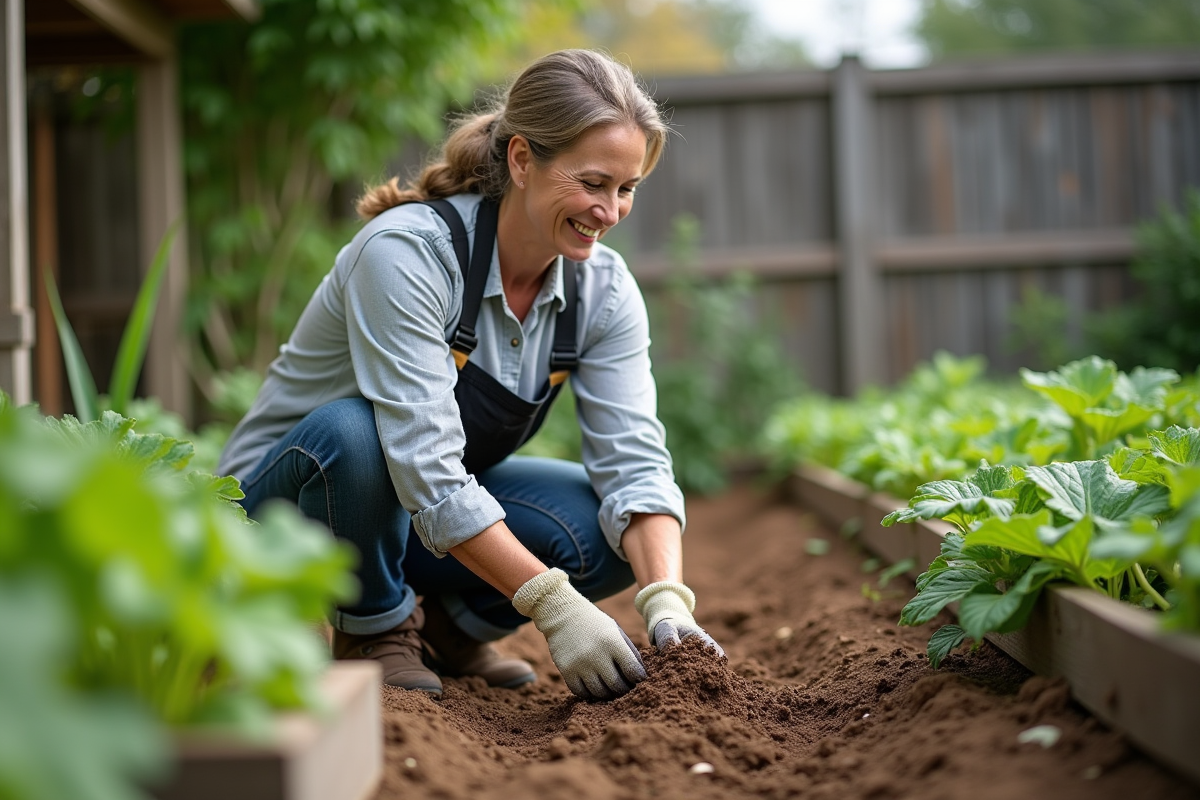 Femme jardinant avec compost dans un jardin ensoleille