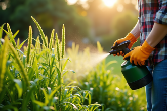 Personne en gants pulvérisant une fougère verte dans le jardin