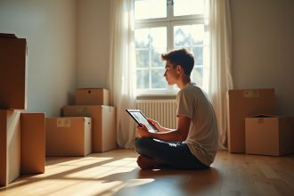 Jeune adulte assis dans un appartement vide avec cartons et photo