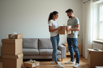 Jeune couple organisant un déménagement dans un salon