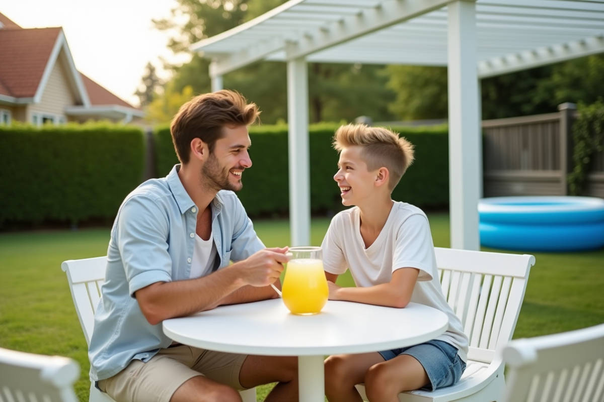 Jeune homme et garçon partageant une limonade sous un gazebo