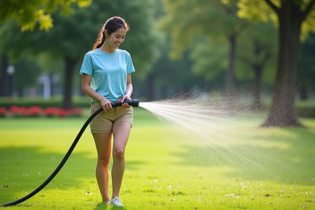 Jeune femme souriante arrosant la pelouse dans un parc