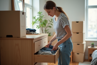 Jeune femme emballant des vêtements dans une chambre lumineuse