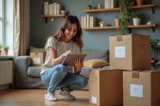 Jeune femme vérifiant une liste avec une tablette dans un salon cosy