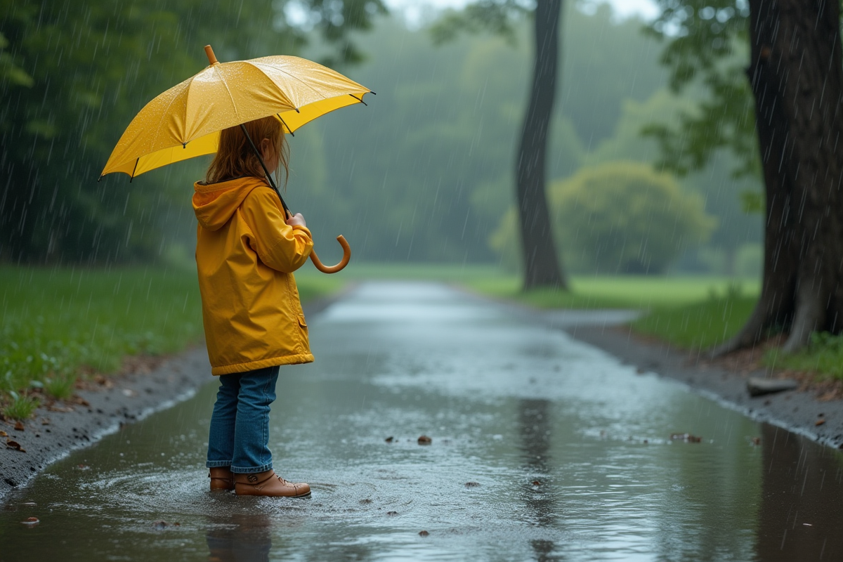 Jeune fille en imperméable jaune dans un parc inonde