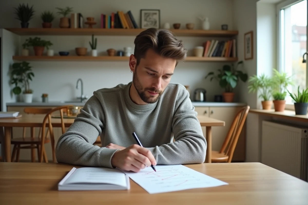 Jeune homme vérifiant une liste de meubles dans un appartement