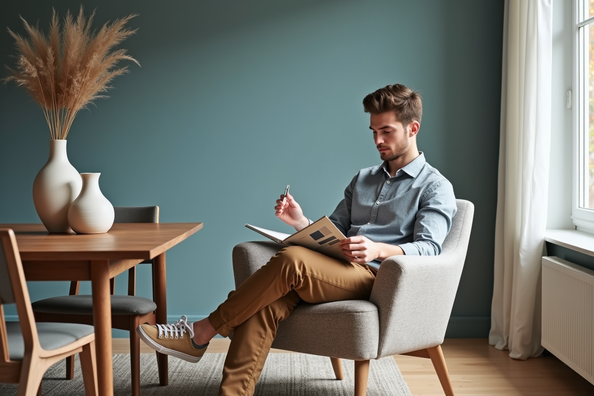 Jeune homme feuilletant un nuancier dans une salle à manger lumineuse
