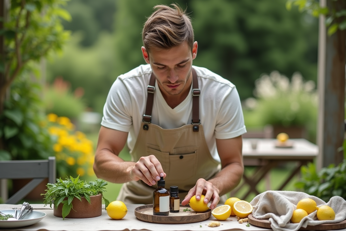 Jeune homme préparant un spray insectifuge dans le jardin
