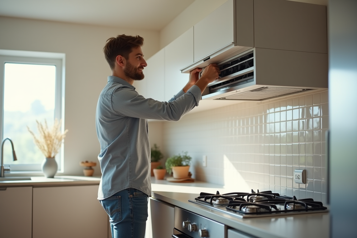 Jeune homme ajustant la climatisation dans la cuisine