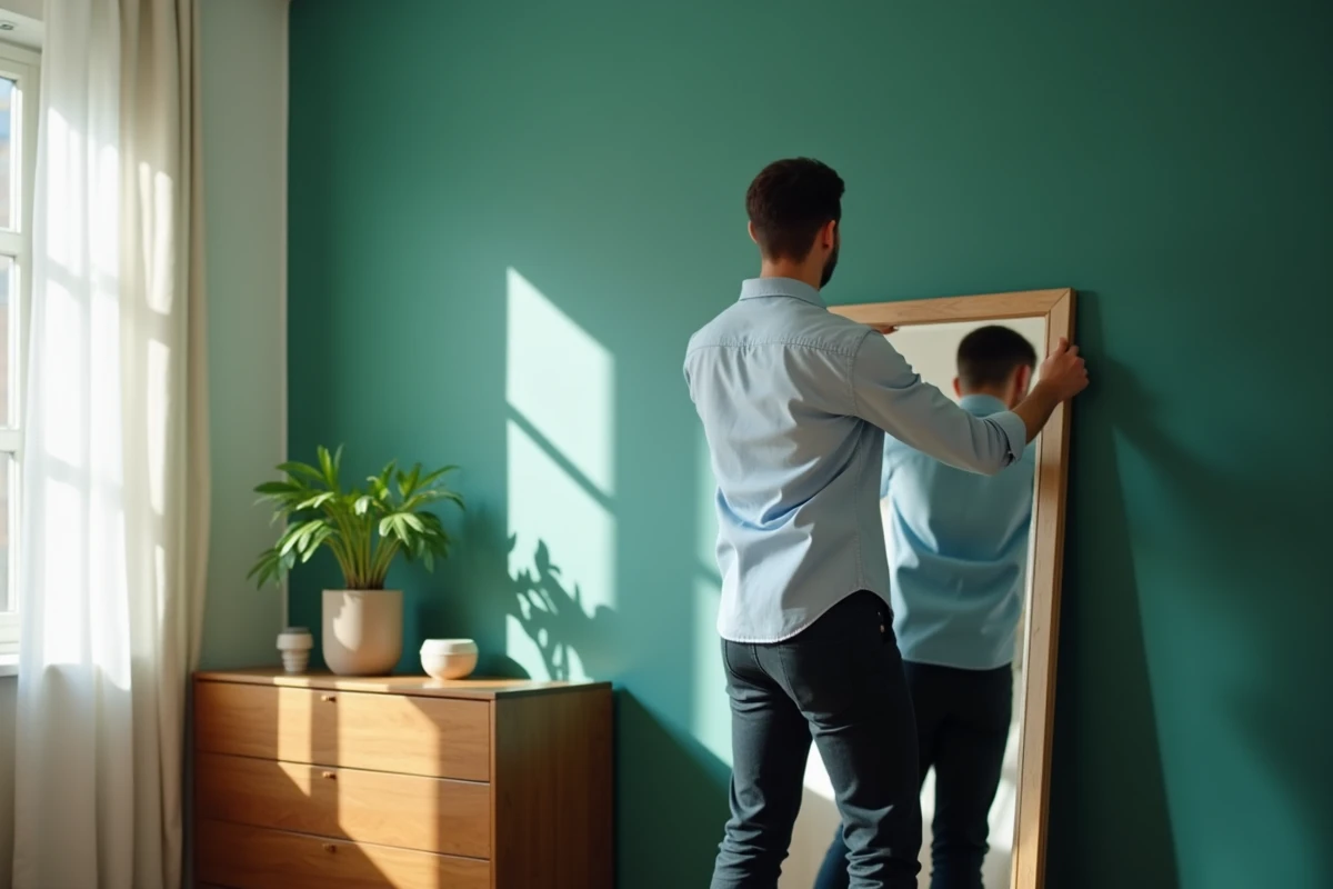 Jeune homme fixant un miroir sur un mur vert dans un appartement