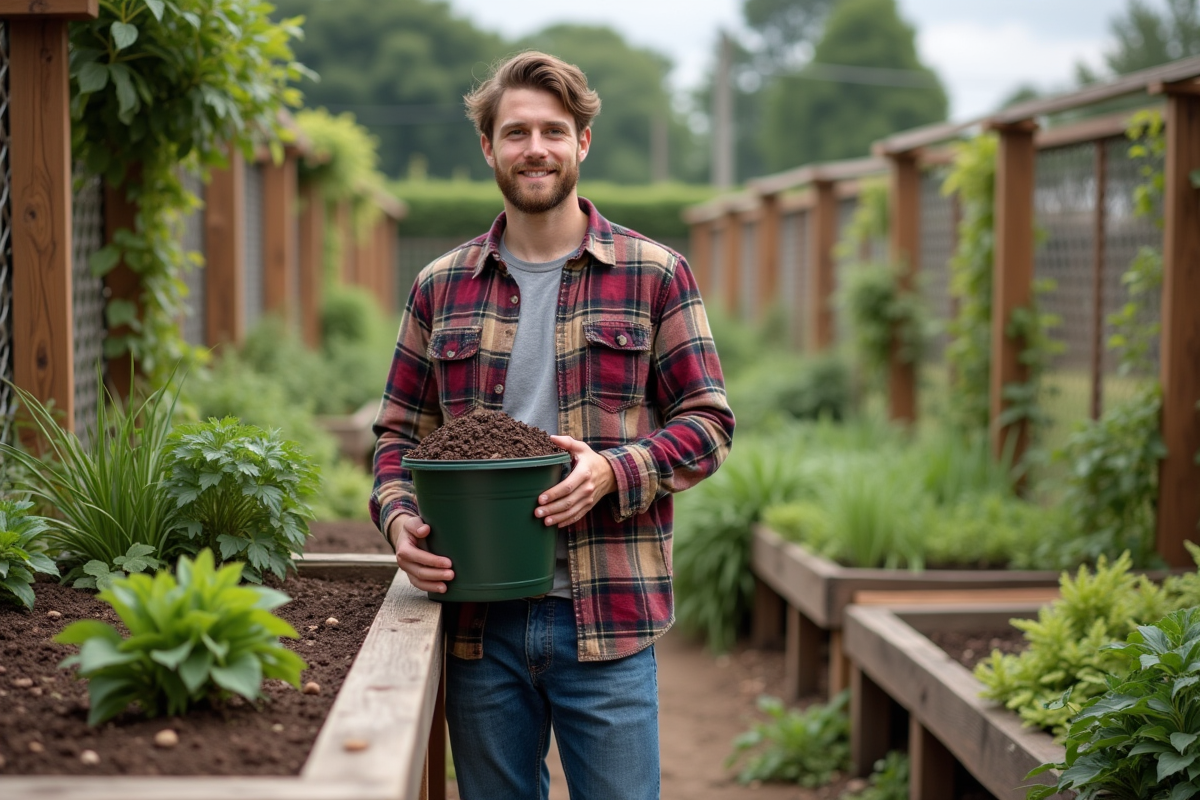 Jeune homme avec mulch dans un jardin communautaire