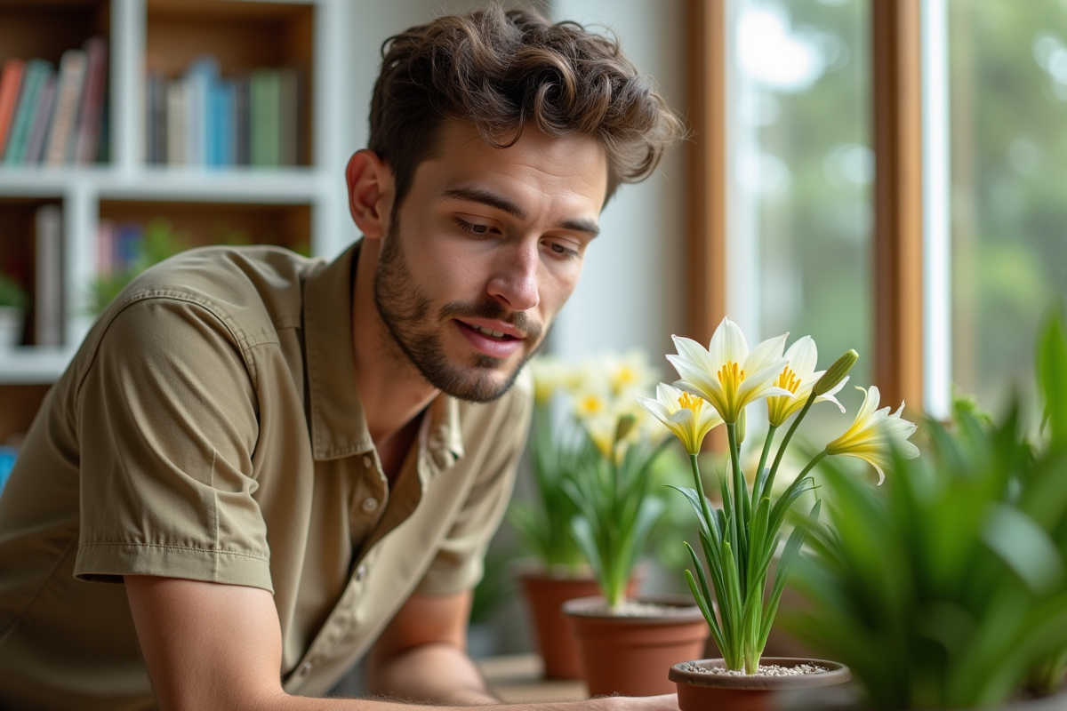 Jeune homme dans une serre observant des lys en pot