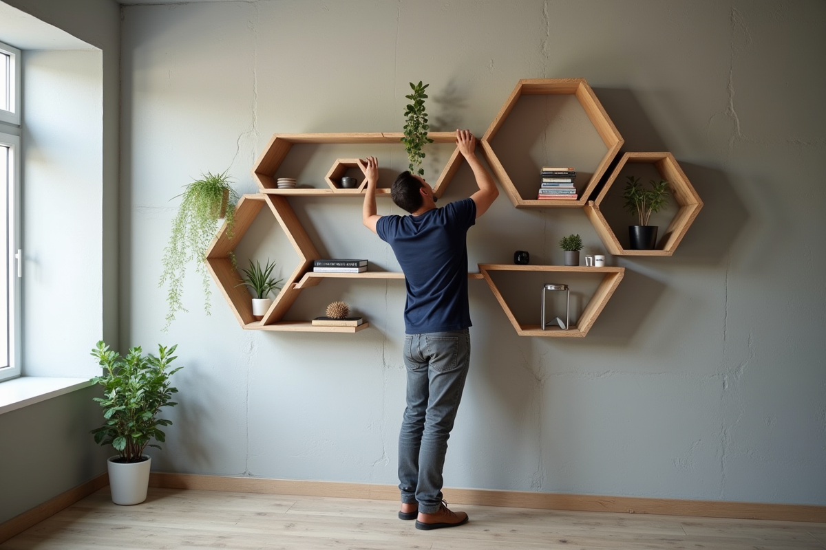 Jeune homme fixant des étagères en bois dans un appartement lumineux