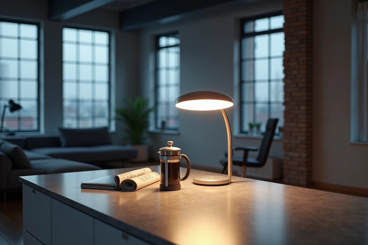 Espace de vie moderne avec lampe de luminothérapie posée sur un comptoir de cuisine au petit matin, ambiance productive et matinale