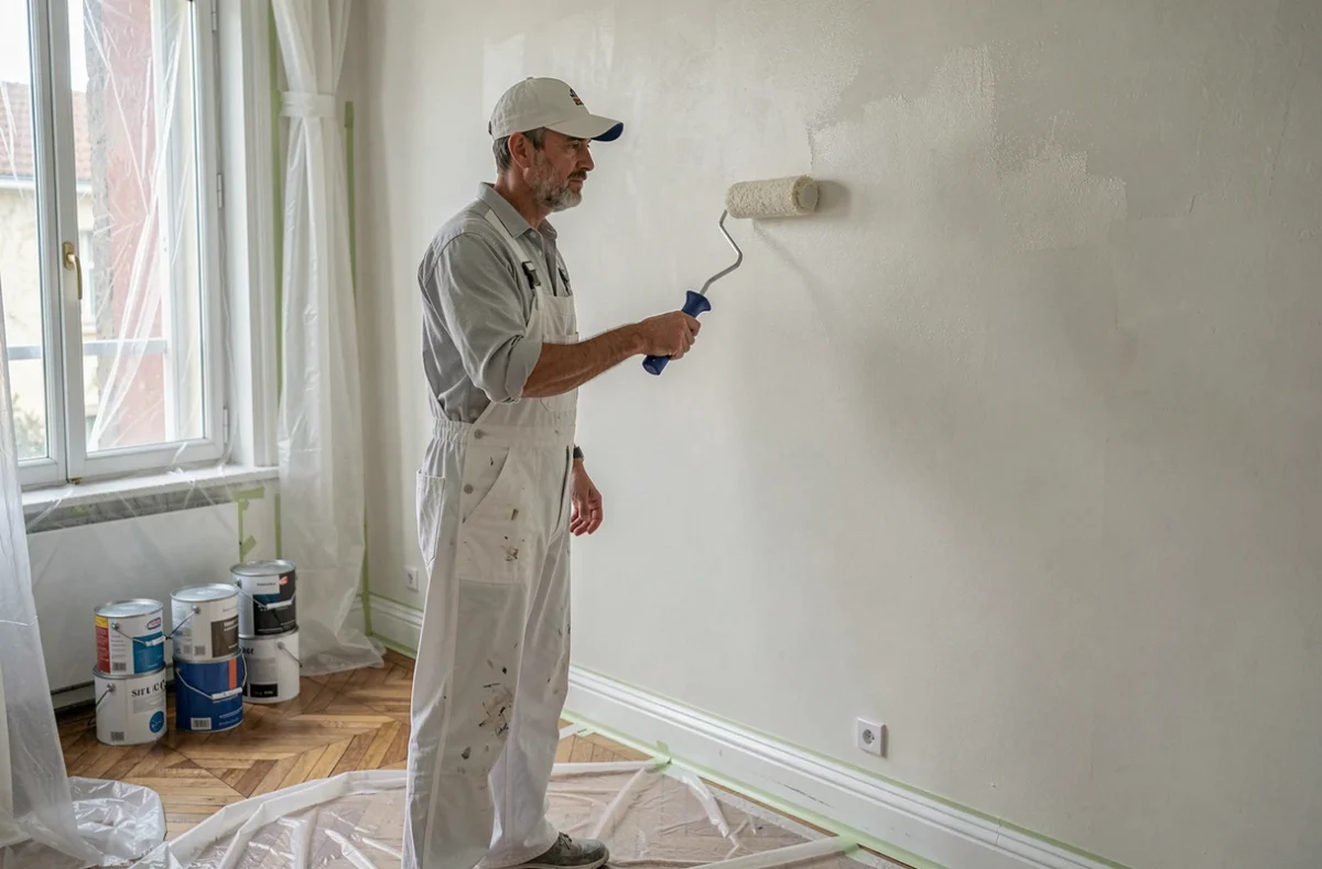 Peintre de Lemaire Peinture Sarl appliquant une peinture murale dans un intérieur vosgien