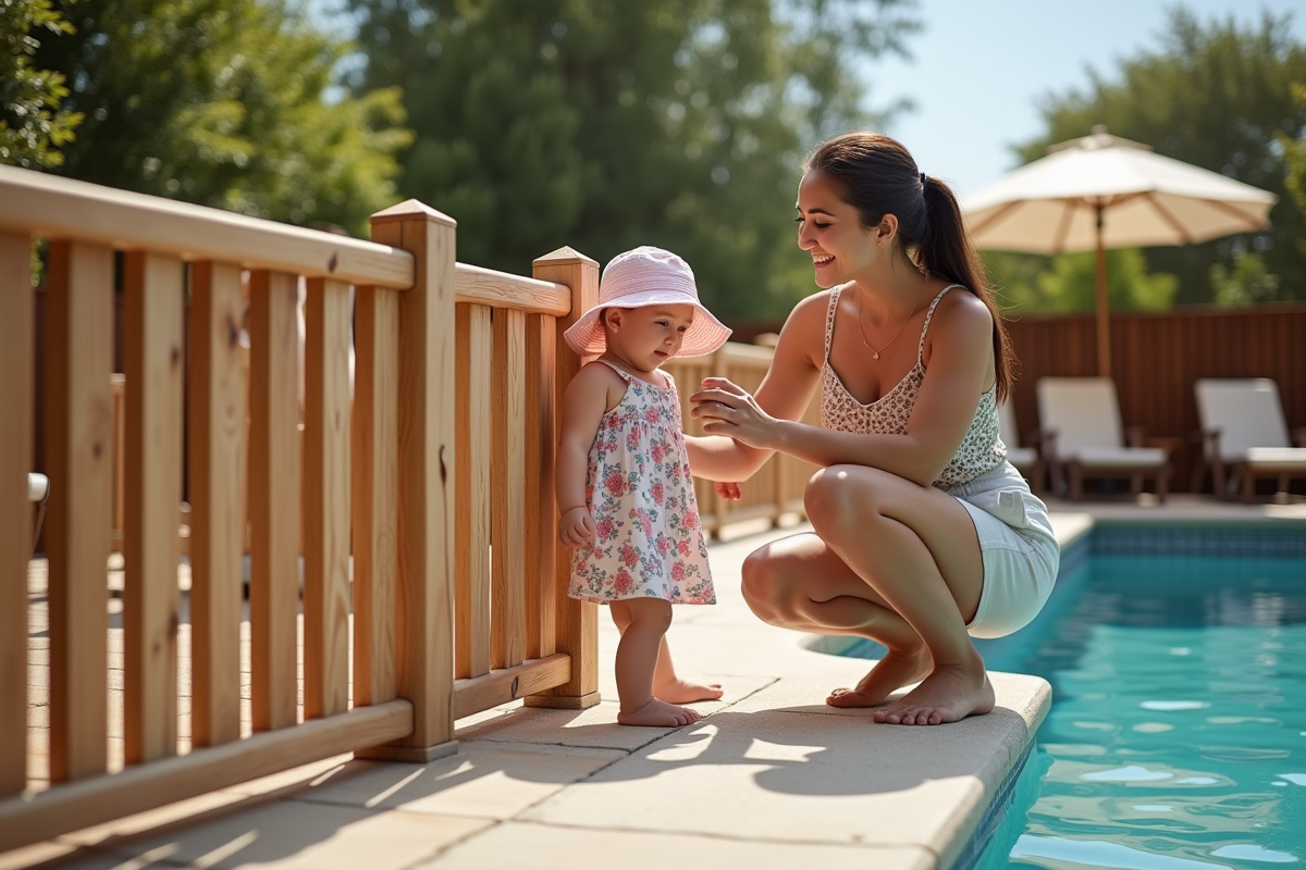 Maman et fille près de la barrière de piscine en famille
