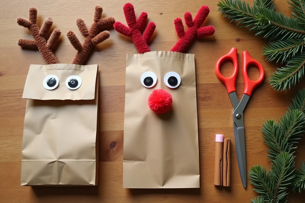 Vue de dessus des matériaux nécessaires pour fabriquer un renne de Noël fait main avec enfants, incluant sac en papier kraft, cure-pipes et pompons rouges sur table en bois
