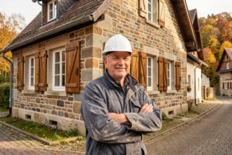 Entrepreneur en rénovation devant une maison rénovée dans les Vosges