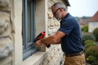 Menuisier appliquant un joint d'étanchéité adapté autour d'un cadre de fenêtre extérieure en bois sur façade en pierre, bonne pratique en remplacement de la mousse expansive