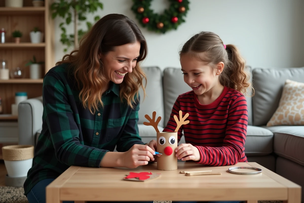 Mère et fillette en train de fabriquer un renne de Noël avec un rouleau de papier toilette, des yeux mobiles et des feutres colorés dans un salon familial décoré