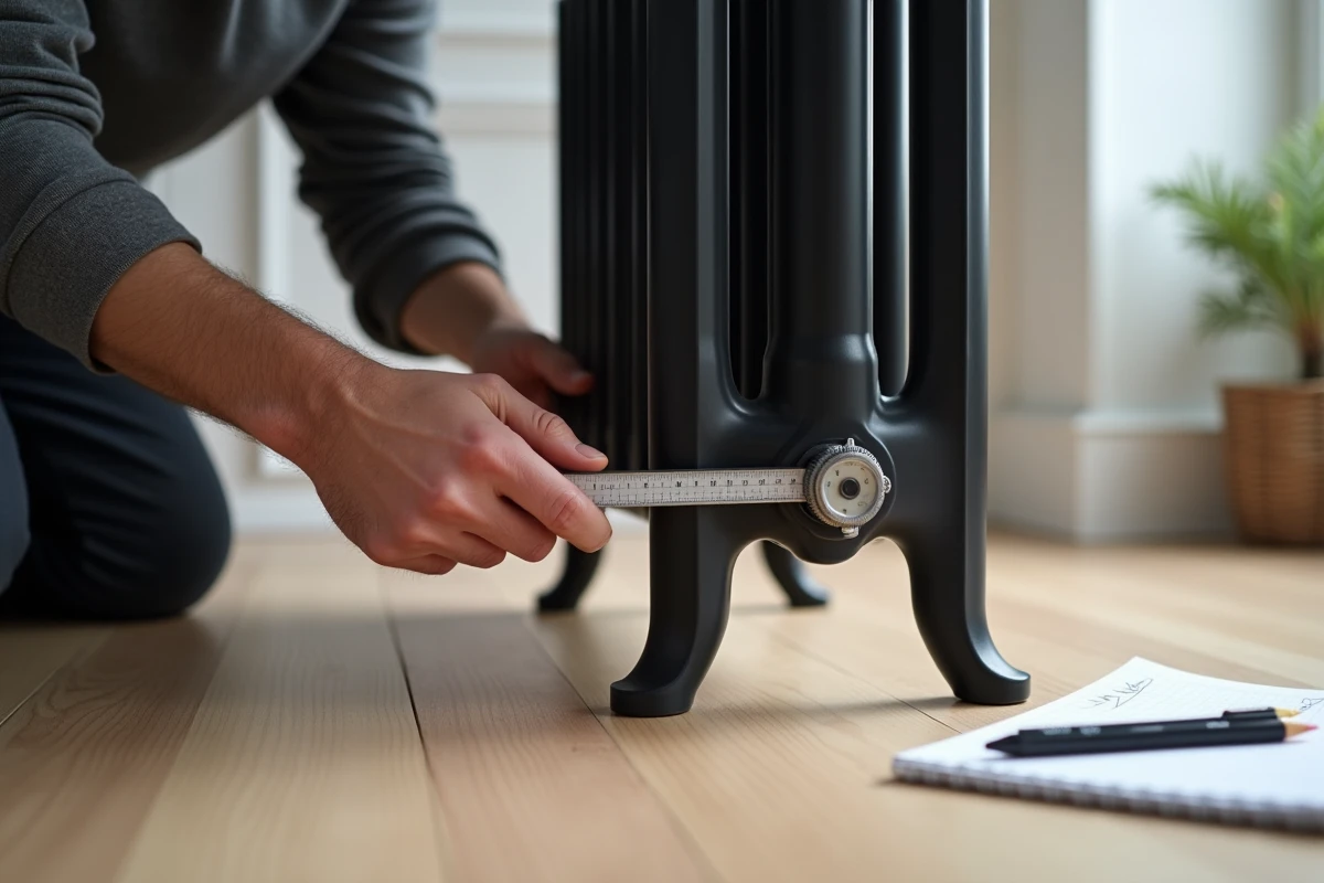 Gros plan de mains mesurant la colonne d'un radiateur en fonte noir avec un pied à coulisse