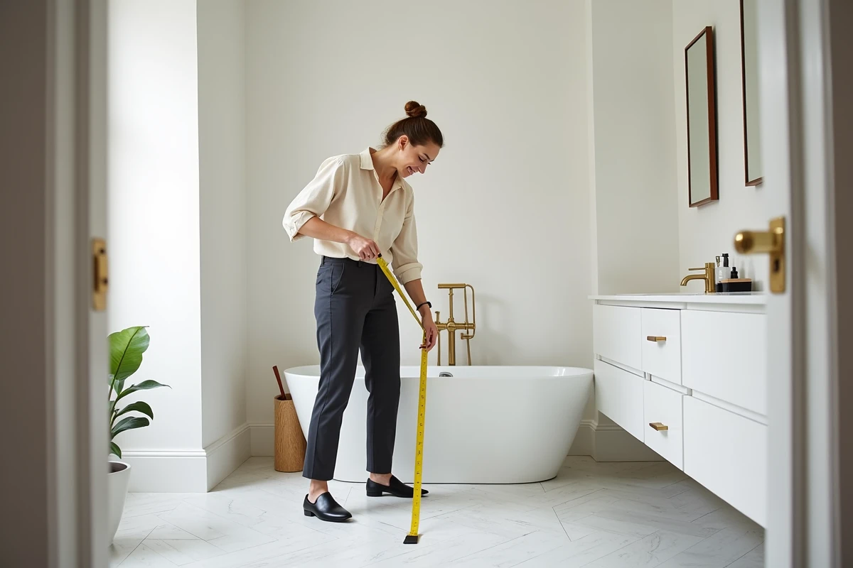 Designer d'intérieur mesurant les distances entre les équipements d'une salle de bain avec un mètre ruban