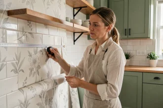 Femme mesurant un mur de cuisine avant de poser une tapisserie lavable, rouleau de papier peint vinyle posé au sol