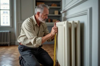 Homme mesurant la base d'un radiateur en fonte blanc avec un mètre ruban dans un appartement parisien classique