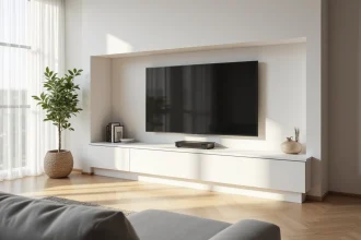 Meuble TV encastré en placo dans un salon minimaliste avec parquet en chêne et canapé gris