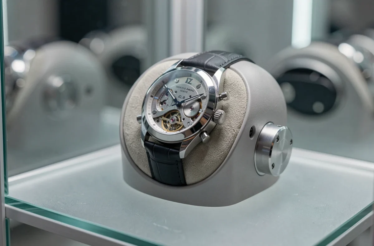 Gros plan d'un module de remontoir automatique tenant une montre mécanique suisse avec fond de boîte saphir dans une armoire à montres moderne
