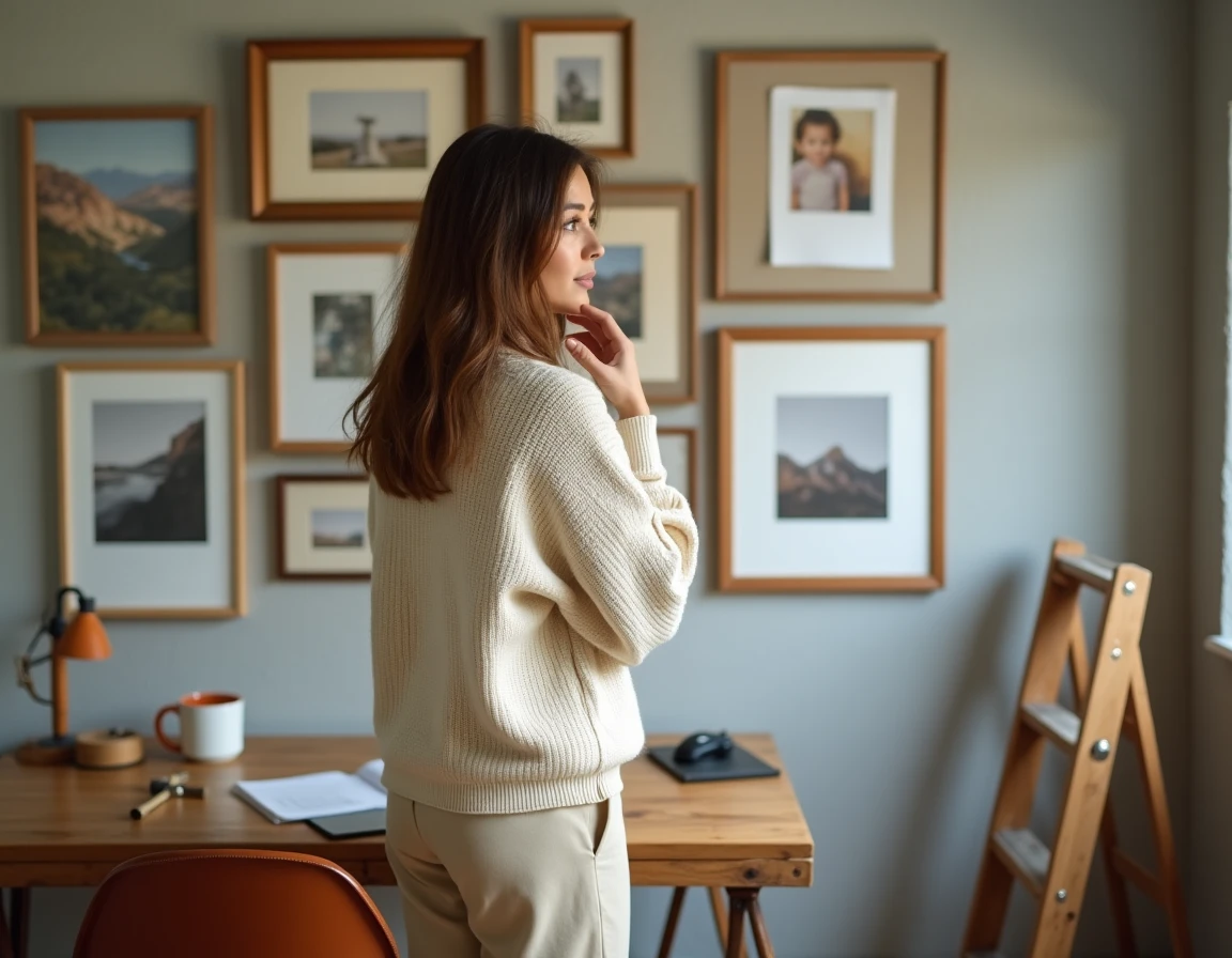 Femme contemplant un mur galerie DIY avec cadres bois assortis dans un bureau décoré à la maison