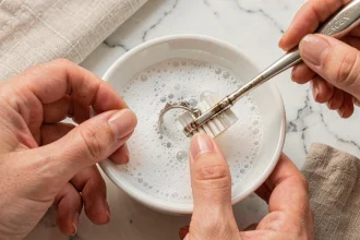 Mains de femme nettoyant une bague en argent ternie avec une brosse à dents et de l'eau savonneuse sur un plan de travail en marbre blanc