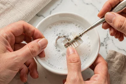 Mains de femme nettoyant une bague en argent ternie avec une brosse à dents et de l'eau savonneuse sur un plan de travail en marbre blanc