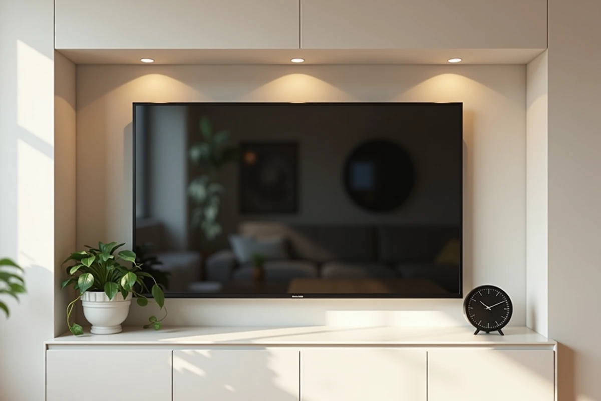 Gros plan sur une niche TV en placo peinte en blanc mat avec étagères intégrées et plante verte