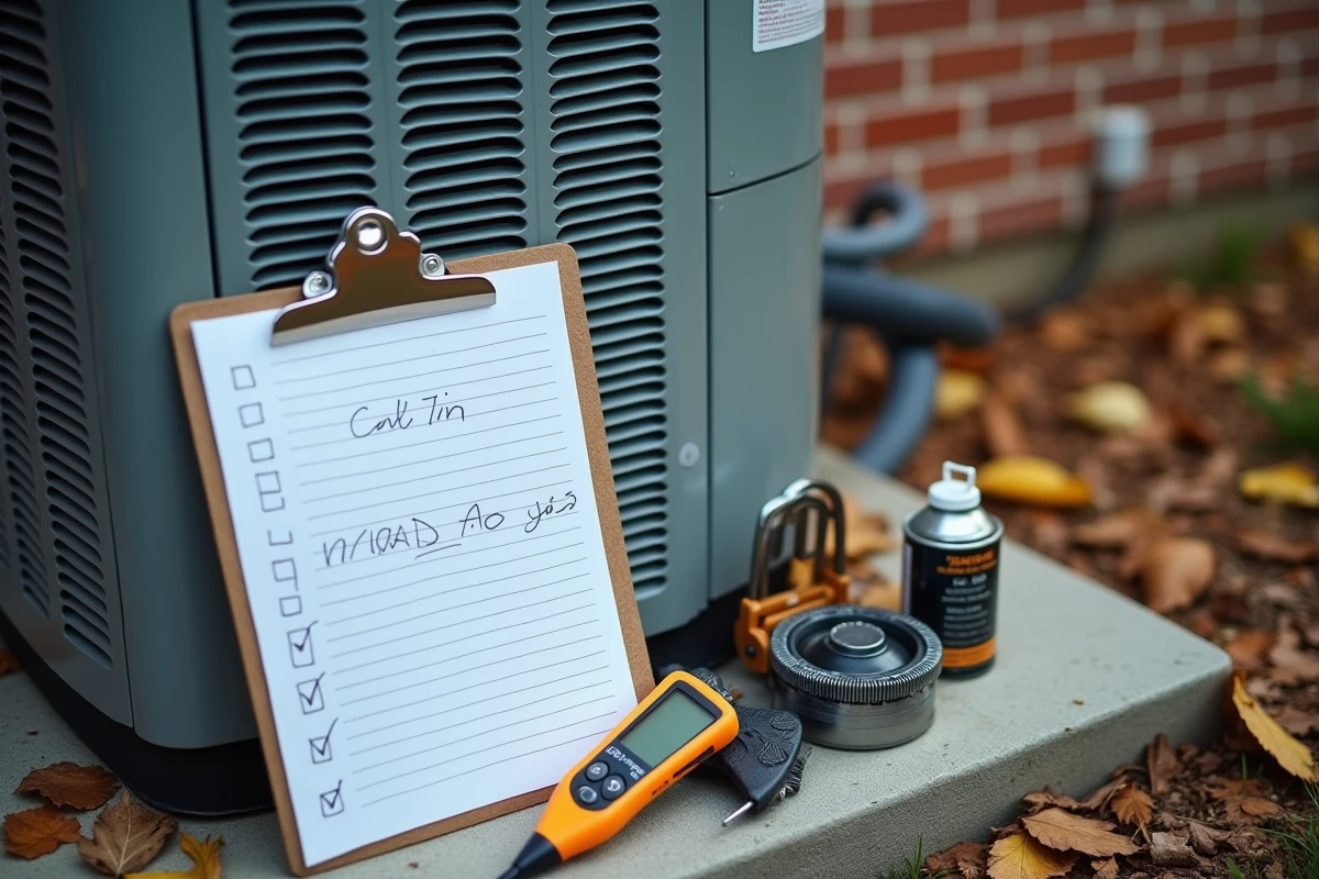 Outils d'entretien et liste de vérification posés près d'une unité externe de thermopompe IDS 2.0 en automne