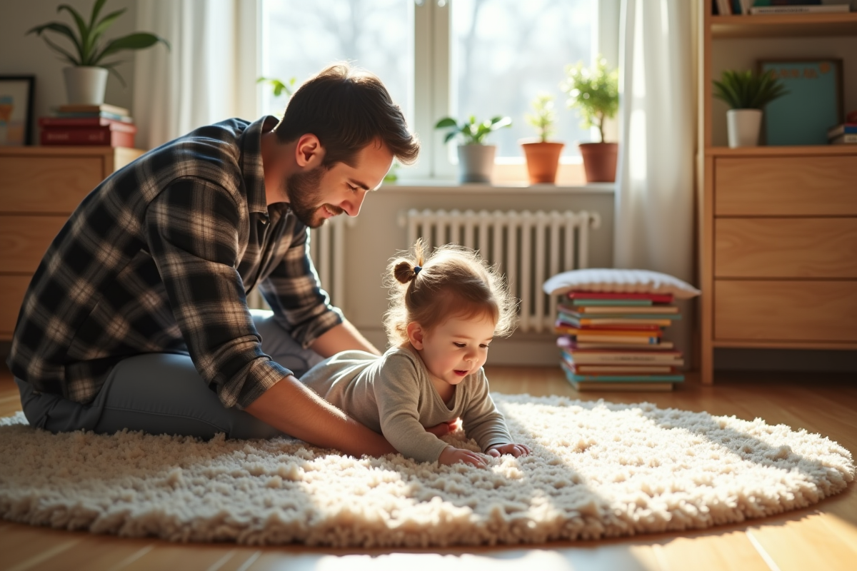 Père jouant avec sa fille sur un tapis dans une chambre lumineuse