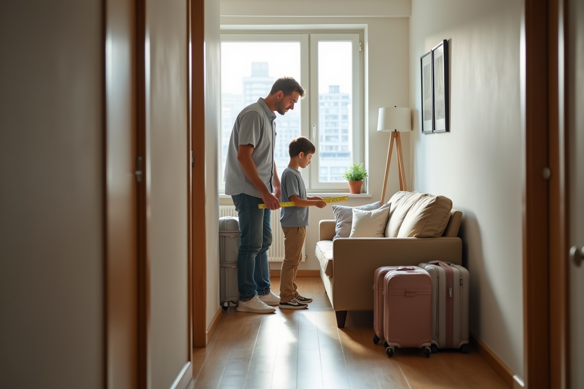 Père montrant à son fils comment mesurer un canapé dans un couloir lumineux