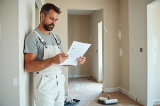 Peintre professionnel examinant un devis de travaux de peinture dans un appartement en rénovation